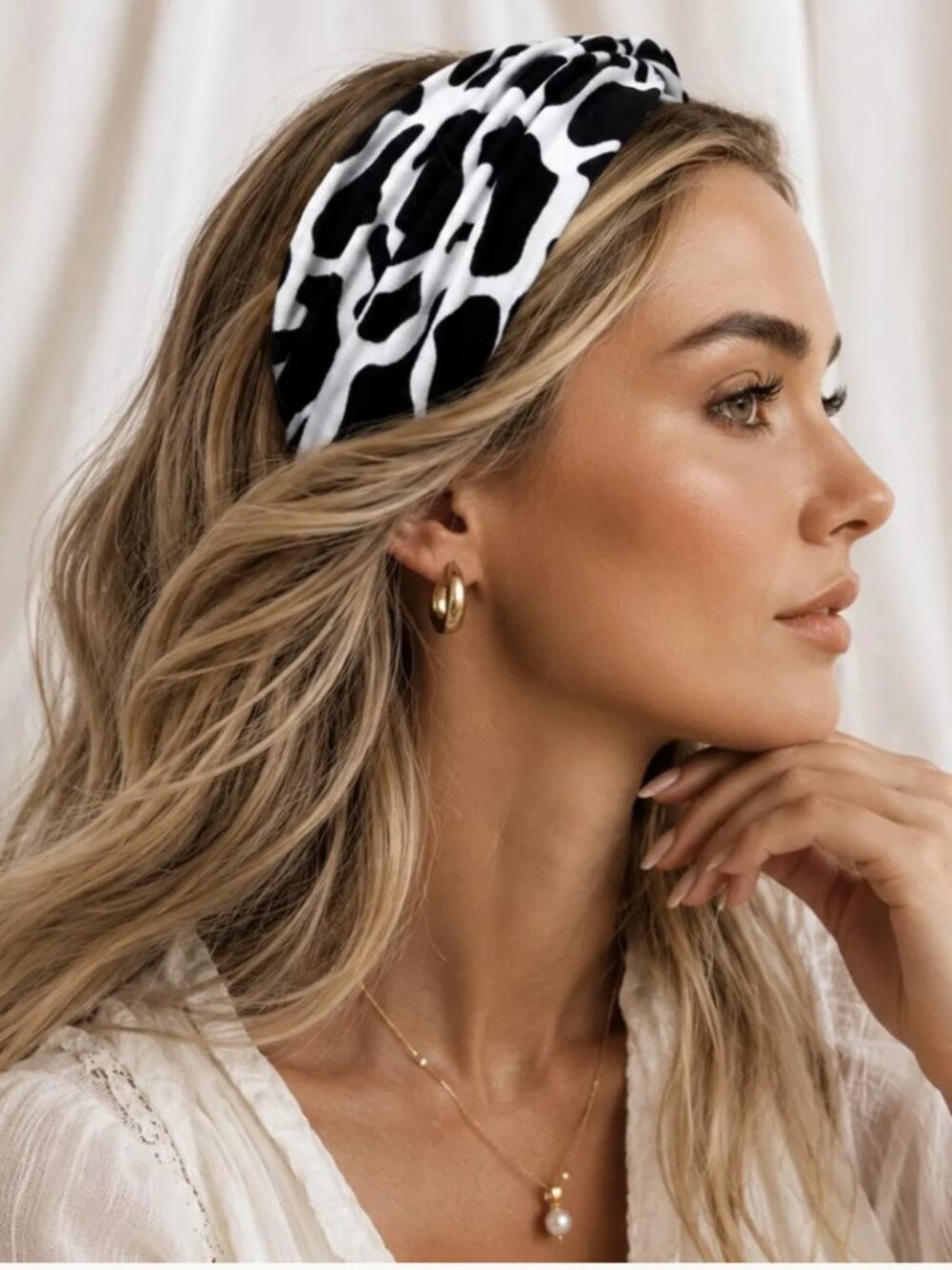 Cow Print Knotted Headband Women, Twisted Stretch Hairband, Handmade Black White